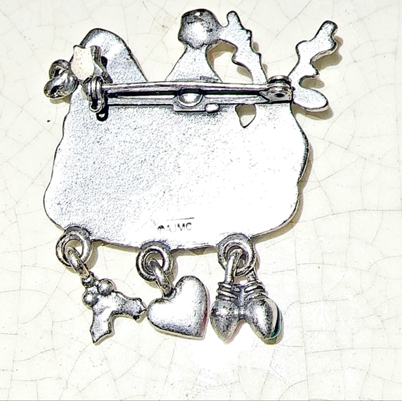 Santa and friends Rudolph snowman silver pewter tone dangle charms brooch - Picture 3 of 4
